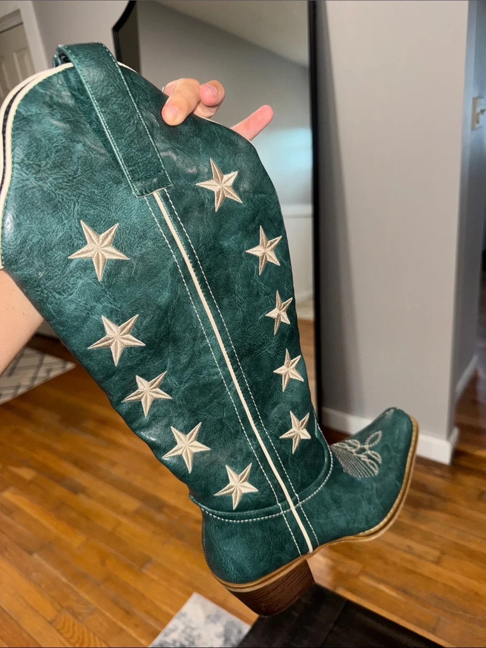 Green Star Embroidered Knee-High Western Boots